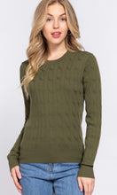 Campbell Olive Long Sleeve Round Neck Cable Sweater