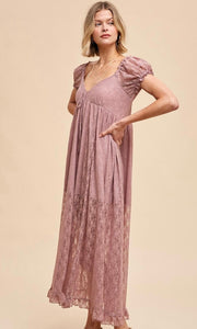 Alaria Desert Rose Sweetheart Allover Lace Smocked Babydoll Maxi Dress