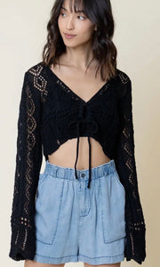 Adaisy Black Crochet Lace Tie-Front Cropped Cardigan Top