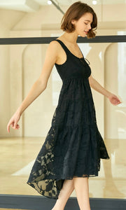 Acary - Black Smocked Floral Texture Midi Dress