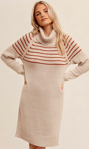 *SALE! Afney -Taupe/Pumpkin Button Turtleneck Sweater Dress