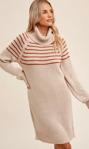 Afney Taupe/Pumpkin Button Turtleneck Sweater Dress