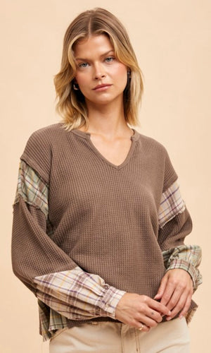 Adamie Mocha Thermal Mixed Plaid Knit Top