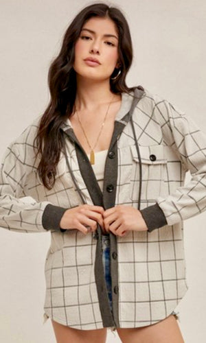 Ardelia Off White Check Jacquard Knit Hoodie Jacket Shacket