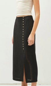 Abiya Black Button Trim Front Slit Midi Skirt