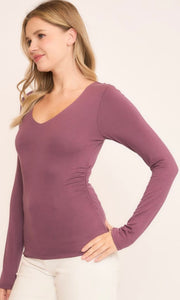 Charlene Plum Double Layered Side Rouched Long Sleeve Top