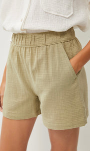 Adah Sage Cotton Gauze Smocked Waist Side Pocket Shorts