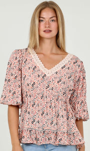 Adelade Peach Floral Lace Inset Drawstring Top