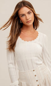 Akama Cream Pointelle Scalloped Edge Sweater Top