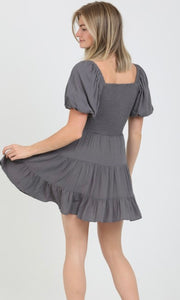 Cori Grey V Neck Twist Front Cut out Puff Sleeve Dress