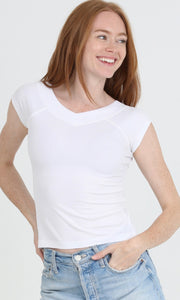 Cora White Rib Knit V Neck Tshirt