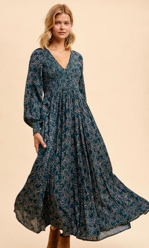 Andera Forest Green Floral Smocking Back Side Pocket Maxi Dress