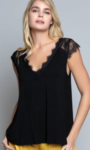 Abeni Black Lace Trim Embroidered Luxe Knit Top