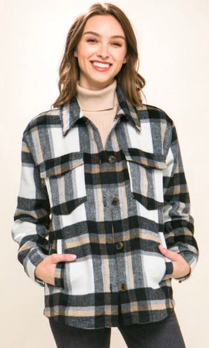 Afara Black  Plaid Side Pocket Shirt Jacket