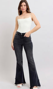 Floressa Black Flare With Mock Fray Tulip Hem Denim Jeans