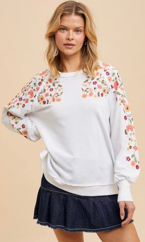 Carson White Embroidered French Terry Pullover