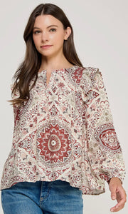 Millie Cream and Burgundy 3/4 Ruffle Sleeve Blouse