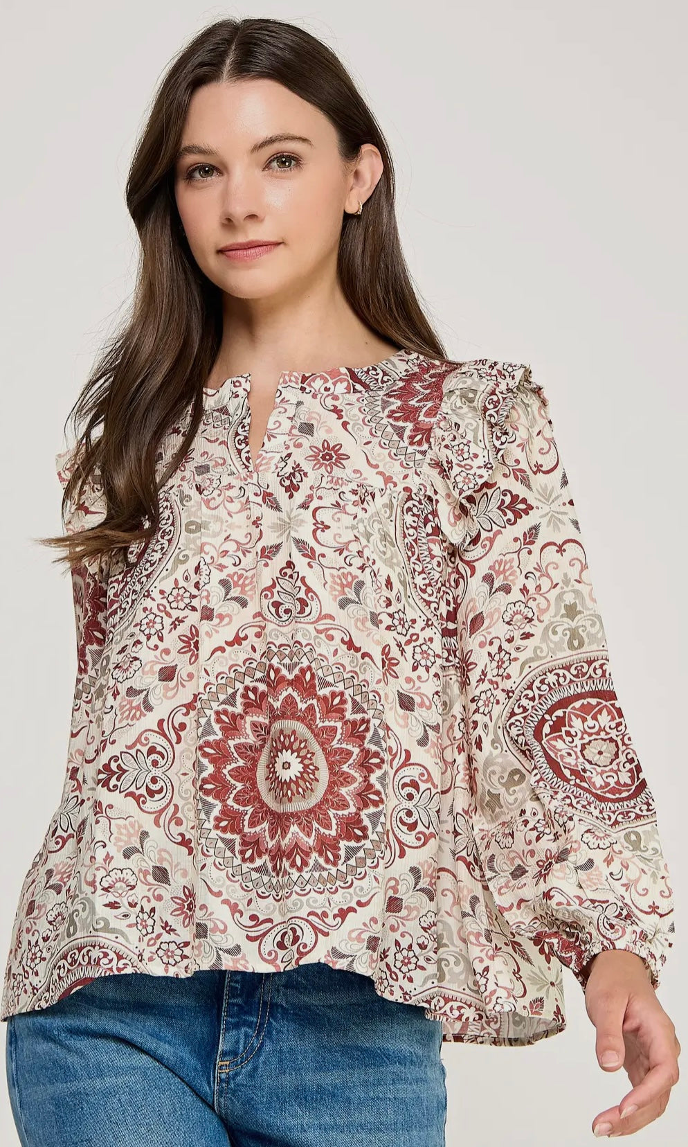 Millie Cream and Burgundy 3/4 Ruffle Sleeve Blouse