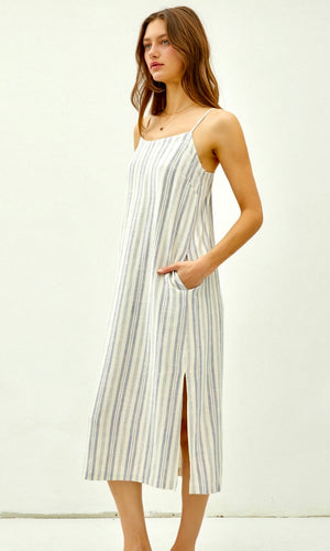 Abiah Denim Linen Stripe Side Pocket Midi Dress