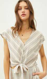 Anzu Coral Stripe Button Front Tie-Waist Blouse Top