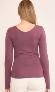 Charlene Plum Double Layered Side Rouched Long Sleeve Top