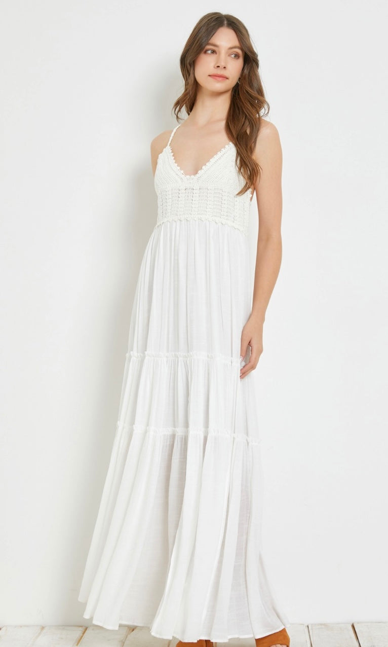 Akany-Off White Smocked Crochet Lace Tiered Maxi Dress