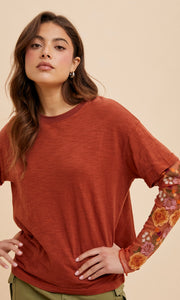 Allion Cognac Wine Embroidered Mesh Two-Fer Knit Top