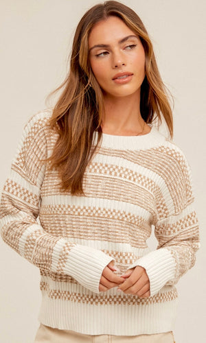 *SALE! Astacy - Taupe-Cream Textured Pullover Sweater Top