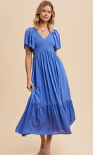 Artiste Indigo Washed Satin Empire Smocked Midi Dress