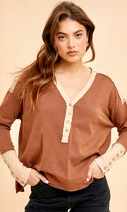 Alan Mocha Washed Cotton Button Cuff Knit Top