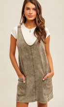 Avanda Olive Snow-Washed Overall Pocket Dress