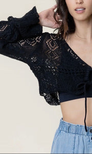 Adaisy Black Crochet Lace Tie-Front Cropped Cardigan Top