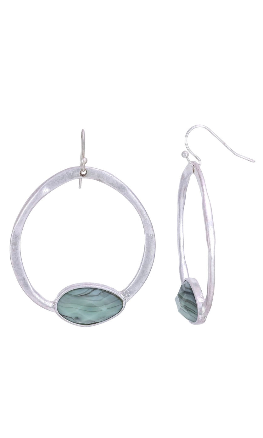 Earring Turquoise Stone Hammered Silver Round Drop Earrings