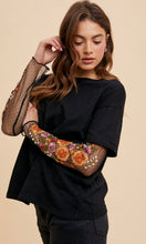 Allion Black Embroidered Mesh Two-Fer Knit Top