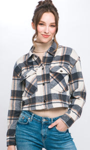 Akena Charcoal Plaid Flannel Button Front Cropped Jacket