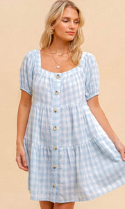 Abdar Sky Blue & White Plaid Button Front Mini Dress