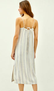 Abiah Denim Linen Stripe Side Pocket Midi Dress