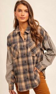 Abrem Slate Grey Snow Washed Plaid Mixed Media Shirt Shacket Top