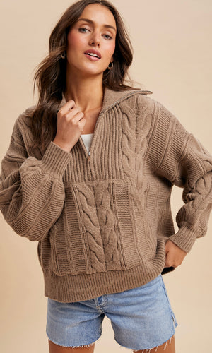 Lyam Fawn Chunky Cable Knit Half Zip Sweater