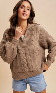 Lyam Fawn Chunky Cable Knit Half Zip Sweater