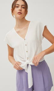 Anzu Ivory Button Front Tie-Waist Blouse Top