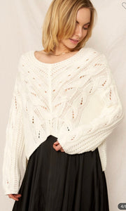 Bambi Cream V Neck Cable Knit Cropped Sweater