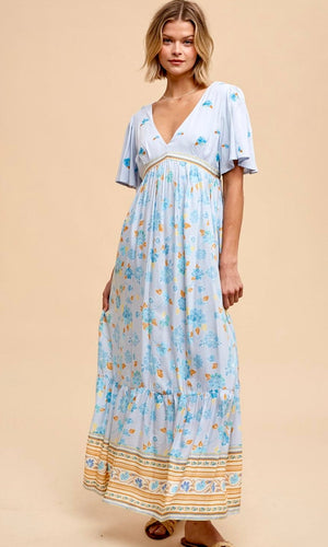 Ajorn Cornflower Blue Embroidered Border Print Maxi Dress