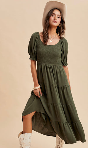 Leanna Forest Green Smocked Tiered Maxi Dress