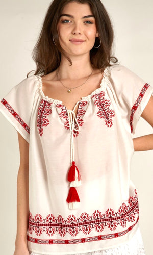 Abaja White & Red Embroidered Peasant Shirt Top