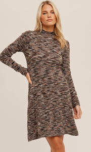 *SALE! Amaran - Black/Brown Turtleneck Pointelle Textured Fit & Flare Sweater Dress