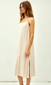 Abiah Sandstone Linen Stripe Side Pocket Midi Dress