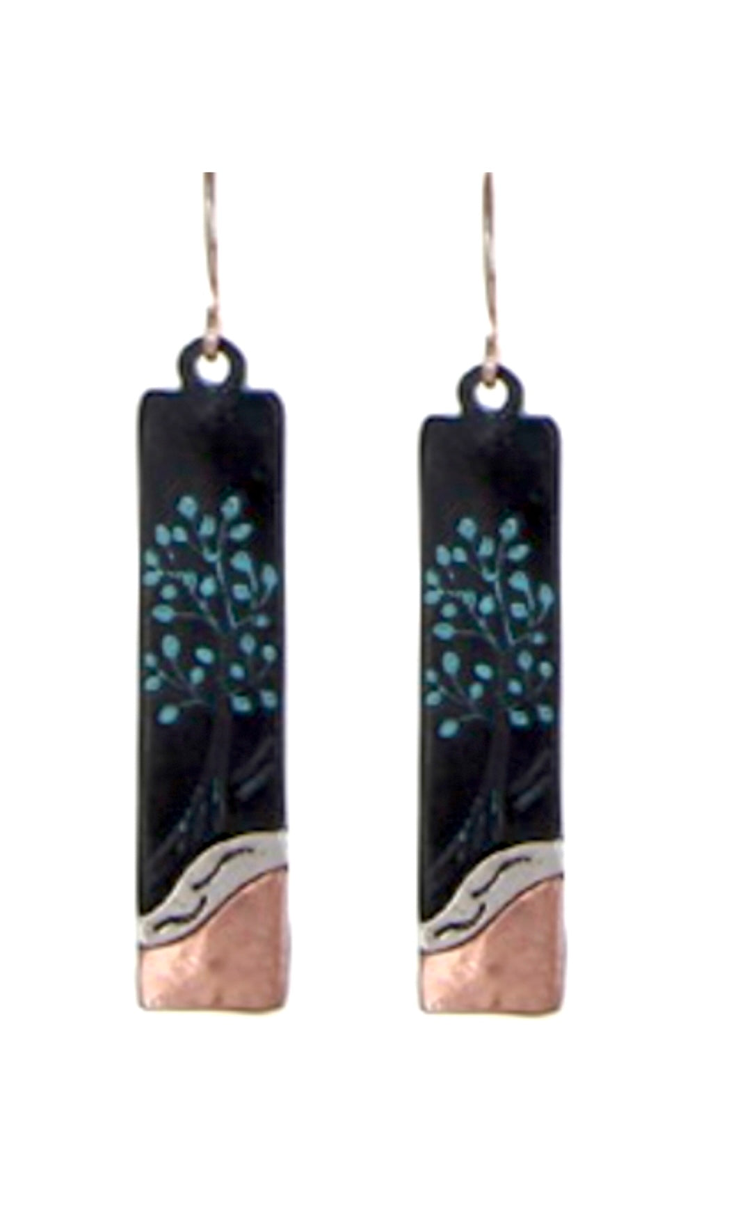 Etched Tree Antique Patina Mixed Metal Rectangle Drop Earrings