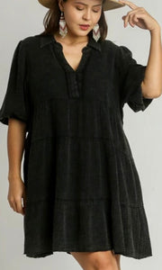 Aluan Black Snow Washed Cotton Frayed Edge Tiered Dress