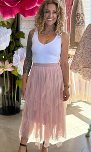 McKenna Pink Beaded Mesh Pleated Skirt